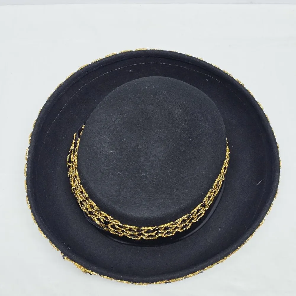 Vintage Doeskin Bollman Bolero Hat Black Wool Felt Sequins And Gold Accent USA